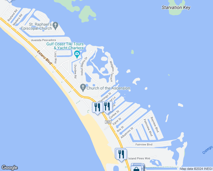 map of restaurants, bars, coffee shops, grocery stores, and more near 21590 Widgeon Terrace in Fort Myers Beach