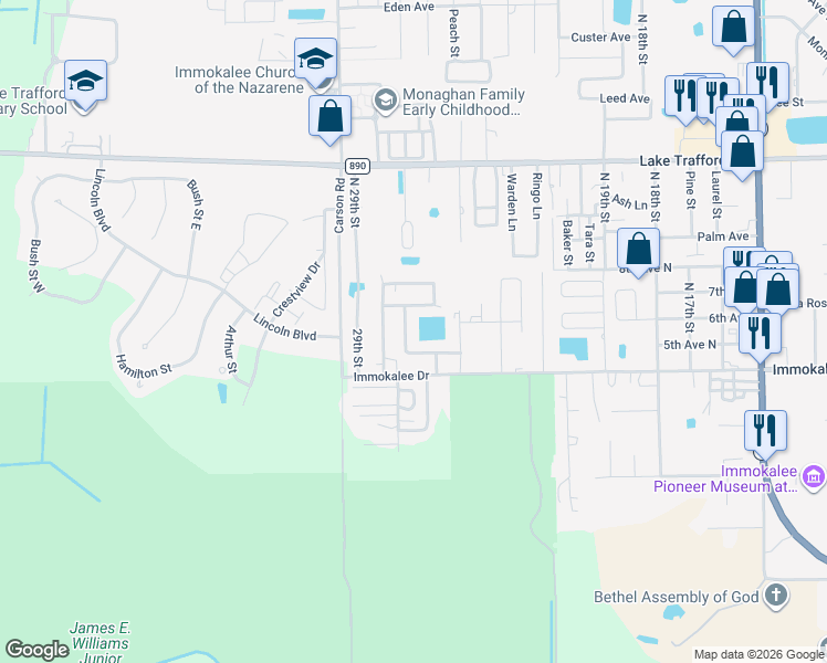 map of restaurants, bars, coffee shops, grocery stores, and more near 578 El Paso Trail in Immokalee