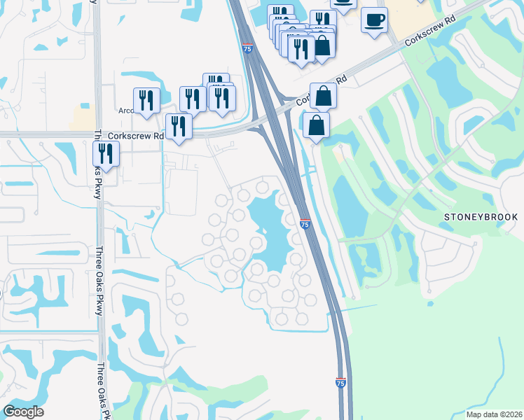 map of restaurants, bars, coffee shops, grocery stores, and more near 21500 Corkscrew Woodlands Boulevard in Estero