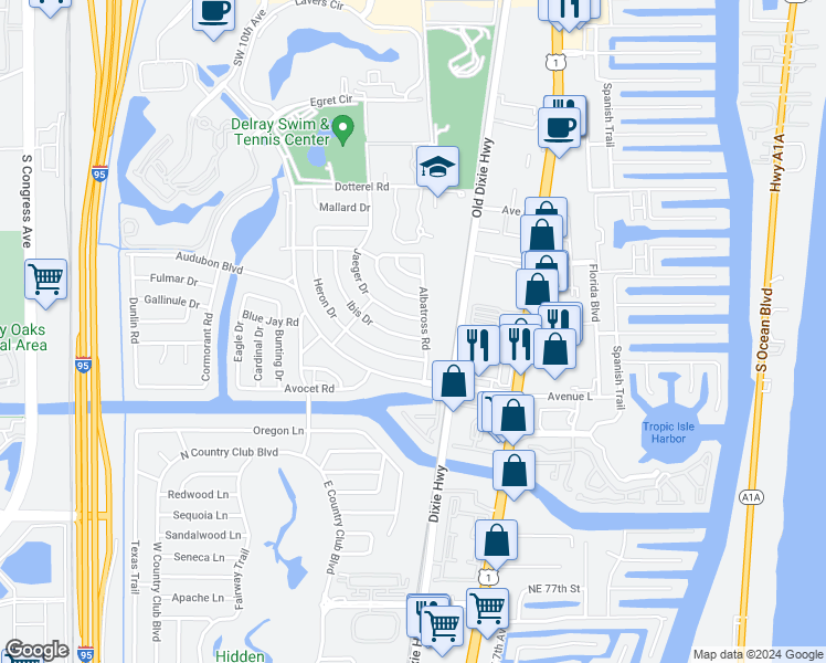 map of restaurants, bars, coffee shops, grocery stores, and more near 505 Ibis Drive in Delray Beach