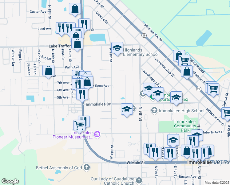 map of restaurants, bars, coffee shops, grocery stores, and more near 612 North 11th Street in Immokalee