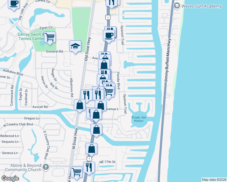 map of restaurants, bars, coffee shops, grocery stores, and more near 2946 Florida Boulevard in Delray Beach
