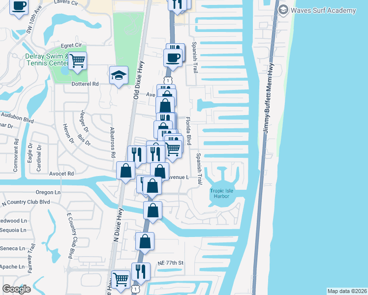 map of restaurants, bars, coffee shops, grocery stores, and more near 2950 Florida Boulevard in Delray Beach