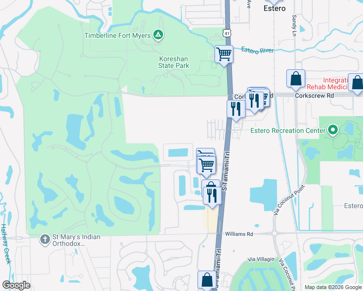 map of restaurants, bars, coffee shops, grocery stores, and more near 3590 Lansing Loop in Estero