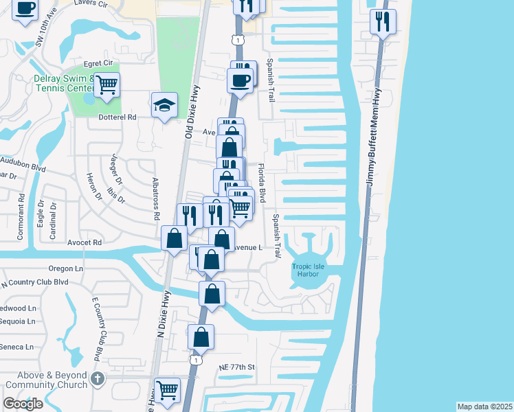 map of restaurants, bars, coffee shops, grocery stores, and more near 3003 Florida Boulevard in Delray Beach