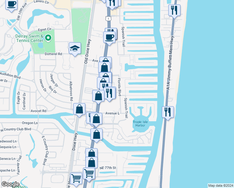 map of restaurants, bars, coffee shops, grocery stores, and more near 3003 Florida Boulevard in Delray Beach