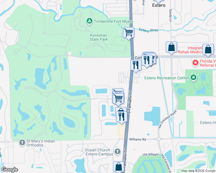 map of restaurants, bars, coffee shops, grocery stores, and more near 3610 Lansing Loop in Estero