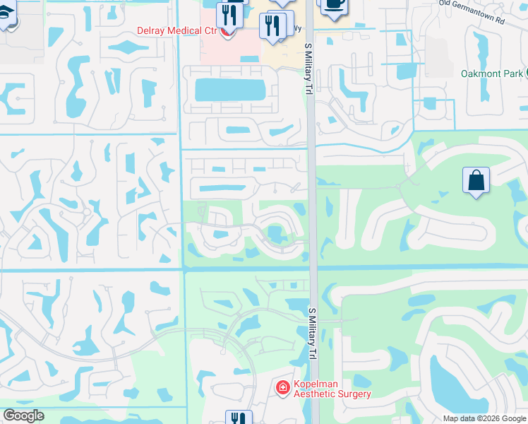 map of restaurants, bars, coffee shops, grocery stores, and more near 16817 Oakhill Trail in Delray Beach