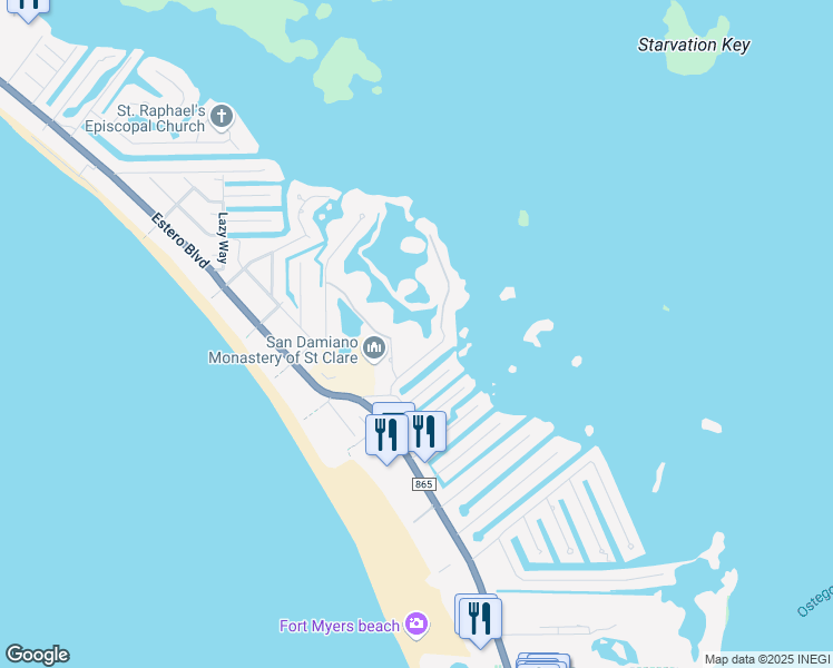 map of restaurants, bars, coffee shops, grocery stores, and more near 21400 Bay Village Drive in Fort Myers Beach