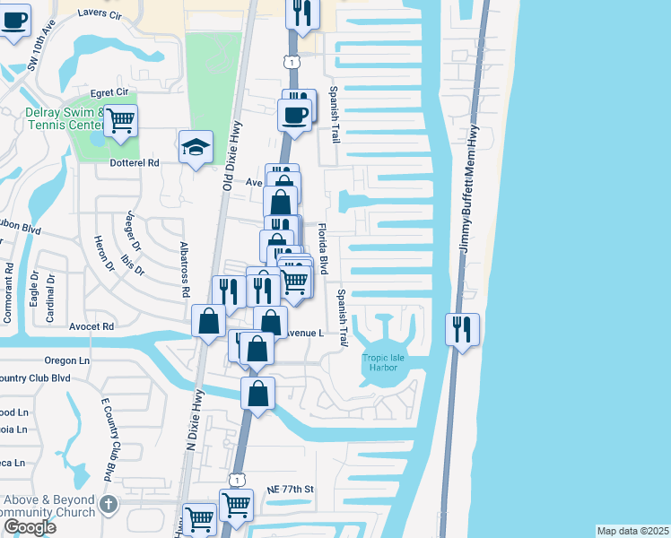 map of restaurants, bars, coffee shops, grocery stores, and more near 3003 Florida Boulevard in Delray Beach