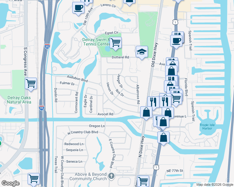 map of restaurants, bars, coffee shops, grocery stores, and more near 616 Ibis Drive in Delray Beach
