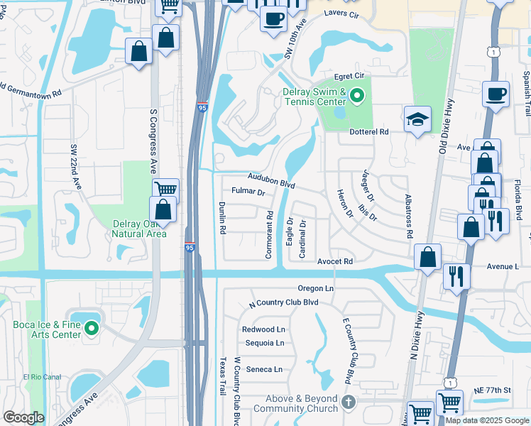 map of restaurants, bars, coffee shops, grocery stores, and more near 2906 Cormorant Road in Delray Beach