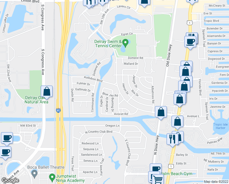 map of restaurants, bars, coffee shops, grocery stores, and more near 663 Eagle Circle in Delray Beach
