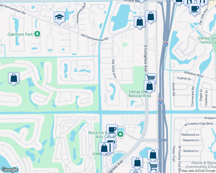 map of restaurants, bars, coffee shops, grocery stores, and more near 2895 Southwest 22nd Circle in Delray Beach