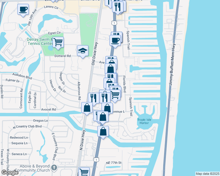 map of restaurants, bars, coffee shops, grocery stores, and more near 2881 South Federal Highway in Delray Beach