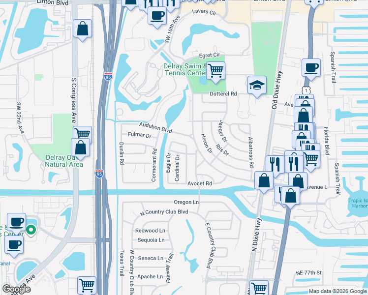 map of restaurants, bars, coffee shops, grocery stores, and more near 668 Eagle Circle in Delray Beach