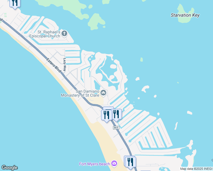 map of restaurants, bars, coffee shops, grocery stores, and more near 21440 Bay Village Drive in Fort Myers Beach