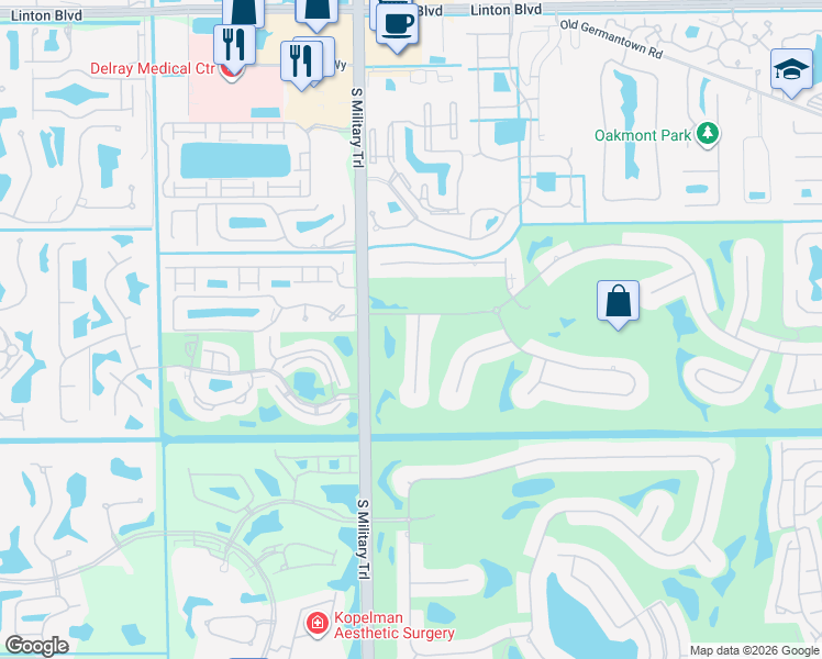 map of restaurants, bars, coffee shops, grocery stores, and more near 16741 Rose Apple Drive in Delray Beach