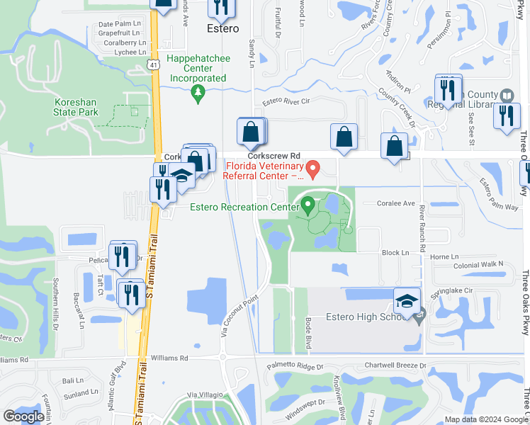 map of restaurants, bars, coffee shops, grocery stores, and more near 21450 Strada Nuova Circle in Estero