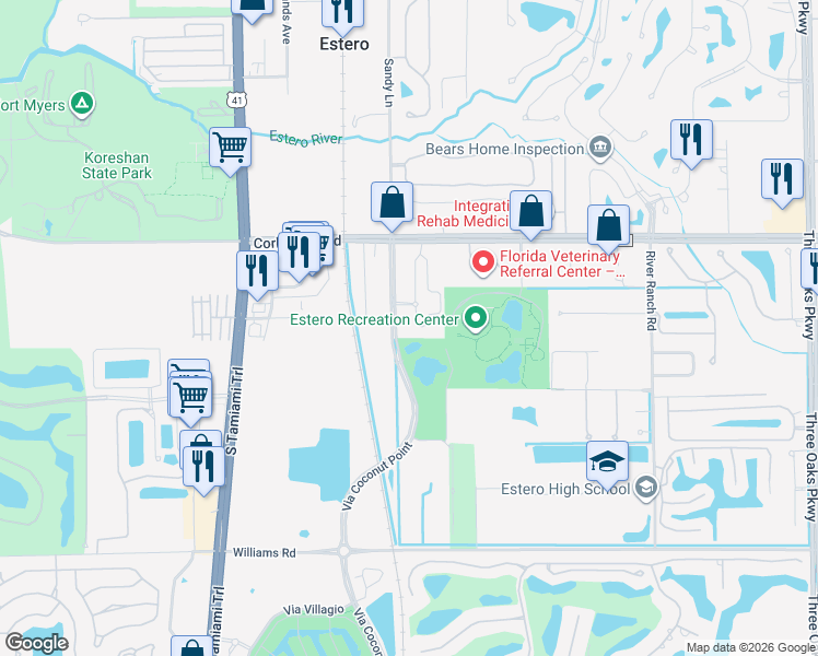 map of restaurants, bars, coffee shops, grocery stores, and more near 21450 Strada Nuova Circle in Estero