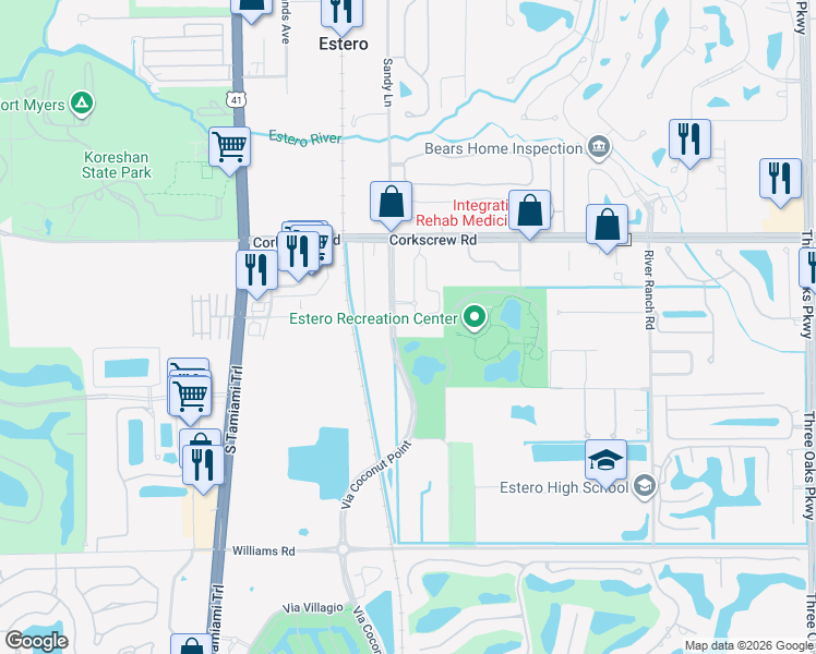 map of restaurants, bars, coffee shops, grocery stores, and more near 21450 Strada Nuova Circle in Estero