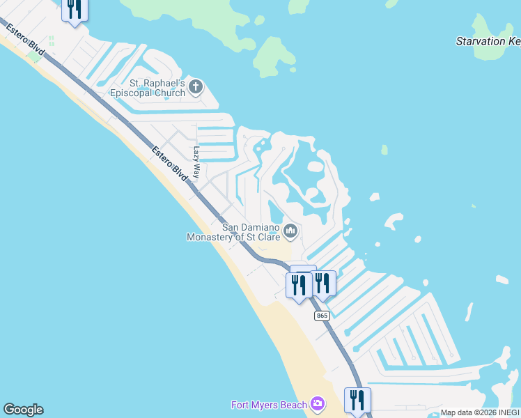 map of restaurants, bars, coffee shops, grocery stores, and more near 21671 Indian Bayou Drive in Fort Myers Beach