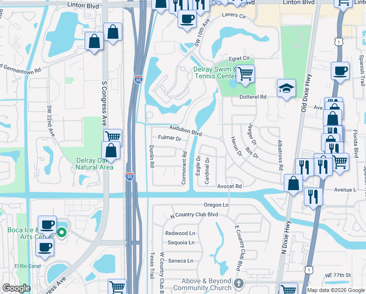 map of restaurants, bars, coffee shops, grocery stores, and more near 2859 Cormorant Road in Delray Beach