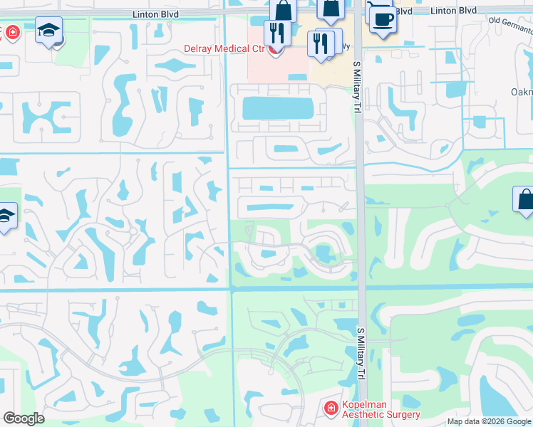 map of restaurants, bars, coffee shops, grocery stores, and more near 5435 Monterey Circle in Delray Beach