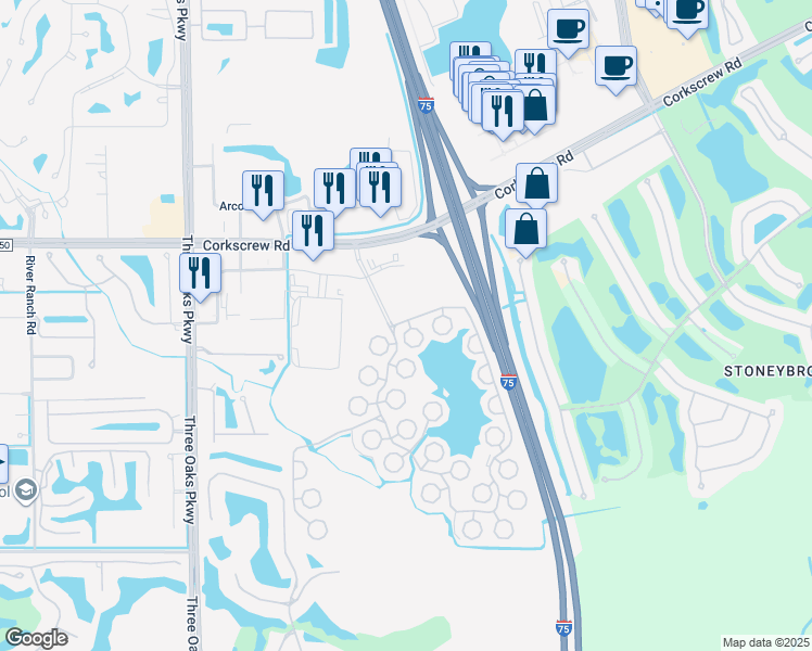 map of restaurants, bars, coffee shops, grocery stores, and more near 10743 Pearl Bay Circle in Estero