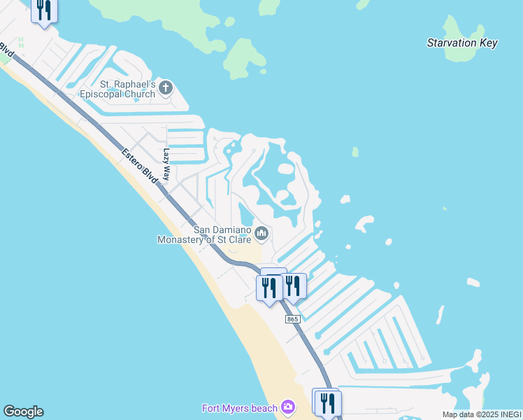 map of restaurants, bars, coffee shops, grocery stores, and more near 21460 Bay Village Drive in Fort Myers Beach
