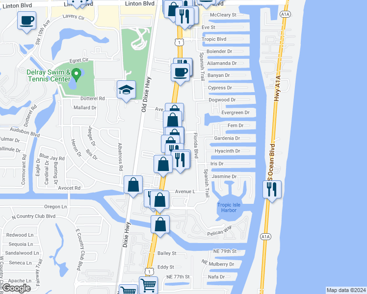 map of restaurants, bars, coffee shops, grocery stores, and more near 3200 Frederick Boulevard in Delray Beach