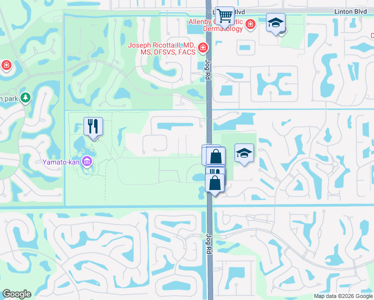 map of restaurants, bars, coffee shops, grocery stores, and more near 6595 Morikami Park Road in Delray Beach