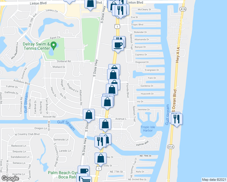 map of restaurants, bars, coffee shops, grocery stores, and more near 2881 South Federal Highway in Delray Beach