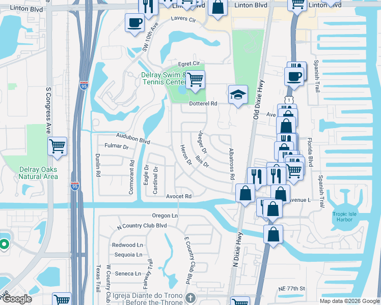 map of restaurants, bars, coffee shops, grocery stores, and more near 632 Ibis Drive in Delray Beach