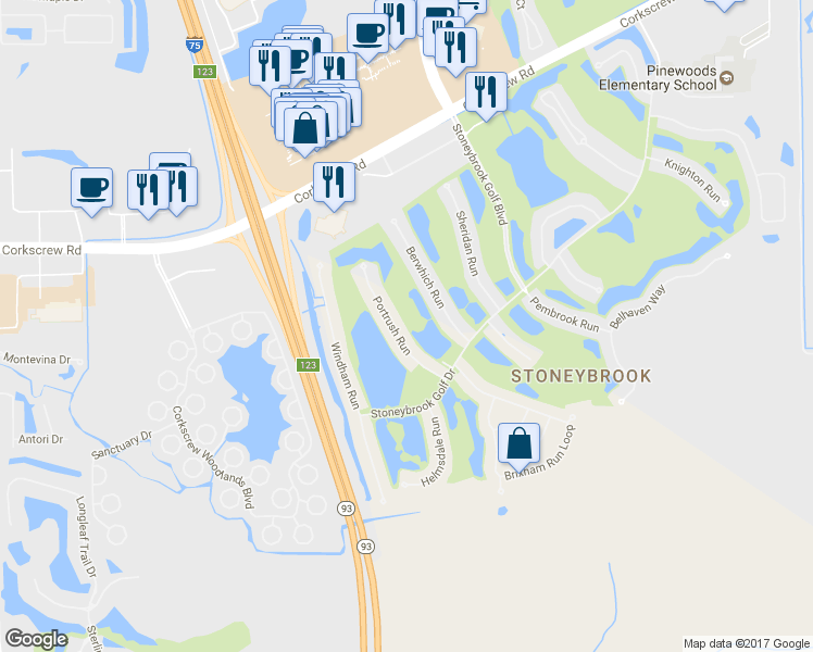 map of restaurants, bars, coffee shops, grocery stores, and more near 21661 Portrush Run in Estero