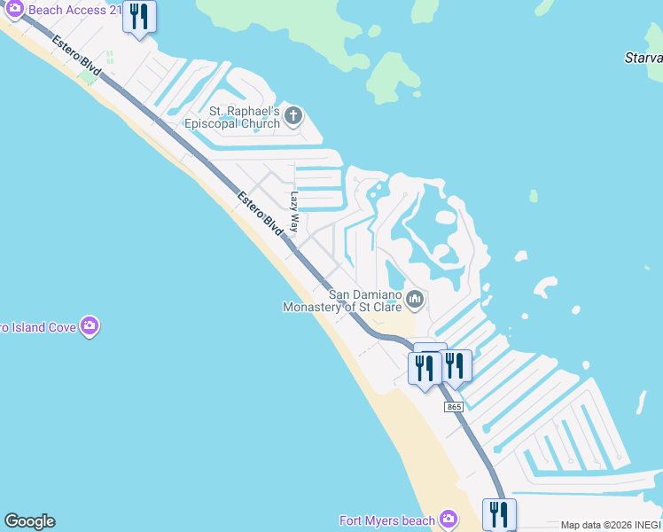 map of restaurants, bars, coffee shops, grocery stores, and more near 191 Aberdeen Avenue in Fort Myers Beach