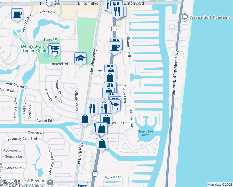 map of restaurants, bars, coffee shops, grocery stores, and more near 2902 Frederick Boulevard in Delray Beach