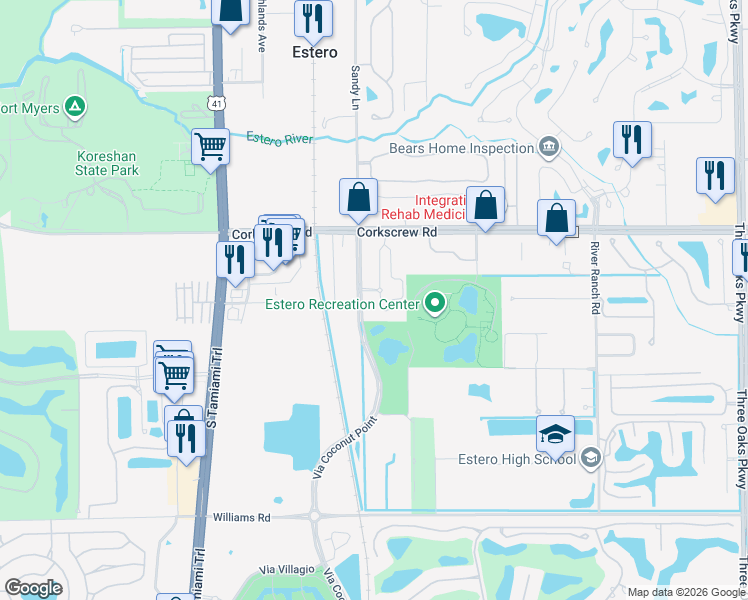 map of restaurants, bars, coffee shops, grocery stores, and more near 21450 Strada Nuova Circle in Estero