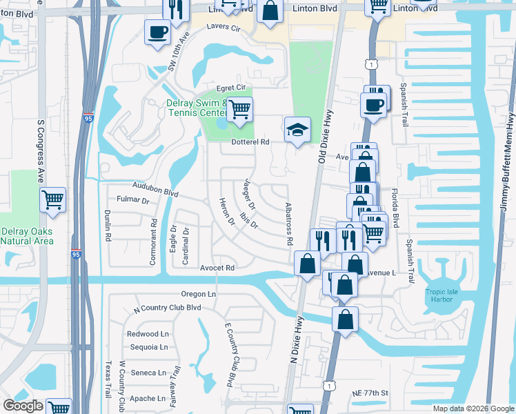 map of restaurants, bars, coffee shops, grocery stores, and more near 623 Jaeger Drive in Delray Beach