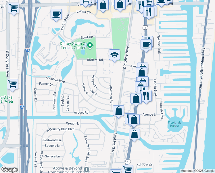 map of restaurants, bars, coffee shops, grocery stores, and more near 515 Kingbird Circle in Delray Beach