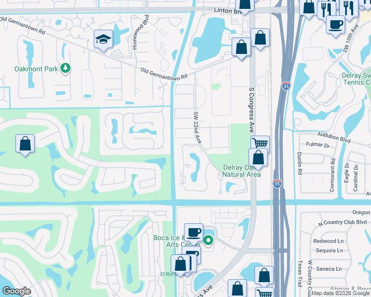 map of restaurants, bars, coffee shops, grocery stores, and more near 2895 Southwest 22nd Circle in Delray Beach