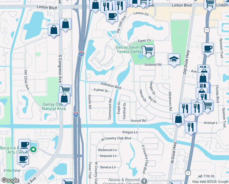 map of restaurants, bars, coffee shops, grocery stores, and more near 2859 Cormorant Road in Delray Beach