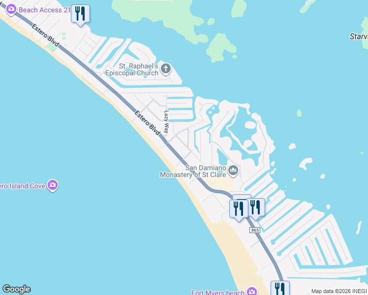 map of restaurants, bars, coffee shops, grocery stores, and more near 191 Aberdeen Avenue in Fort Myers Beach