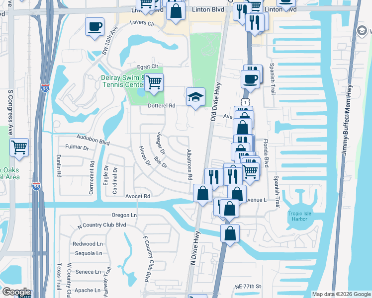 map of restaurants, bars, coffee shops, grocery stores, and more near 518 Linnet Circle in Delray Beach