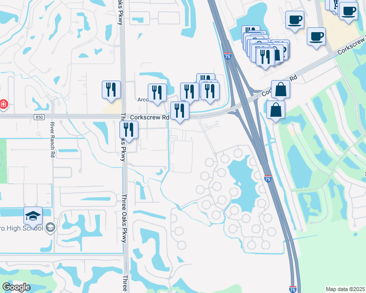 map of restaurants, bars, coffee shops, grocery stores, and more near 21301 South Branch Boulevard in Estero