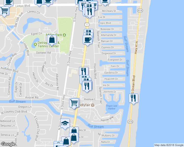map of restaurants, bars, coffee shops, grocery stores, and more near 2811 Frederick Boulevard in Delray Beach