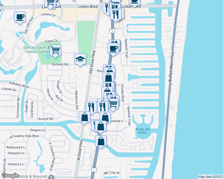 map of restaurants, bars, coffee shops, grocery stores, and more near 2902 Frederick Boulevard in Delray Beach