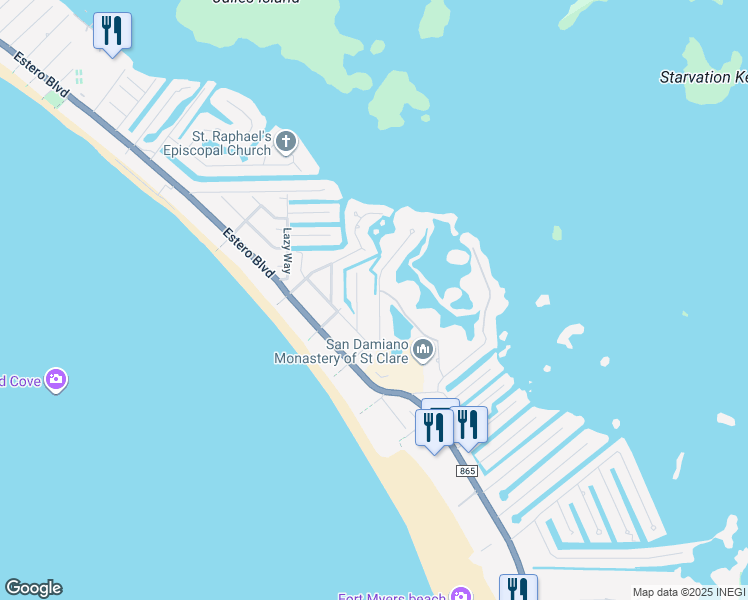 map of restaurants, bars, coffee shops, grocery stores, and more near 21660 Indian Bayou Drive in Fort Myers Beach