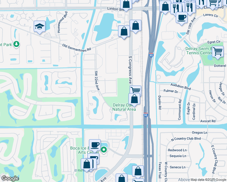 map of restaurants, bars, coffee shops, grocery stores, and more near 2955 Southwest 22nd Avenue in Delray Beach