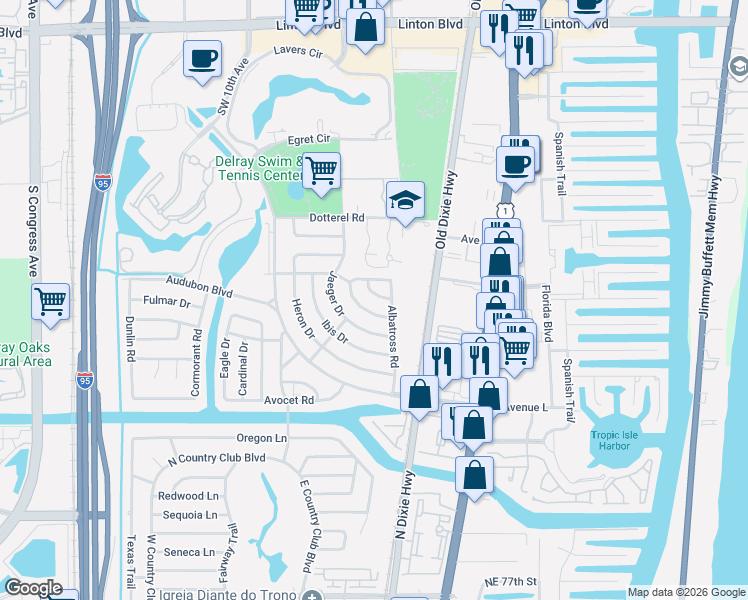 map of restaurants, bars, coffee shops, grocery stores, and more near 515 Kingbird Circle in Delray Beach